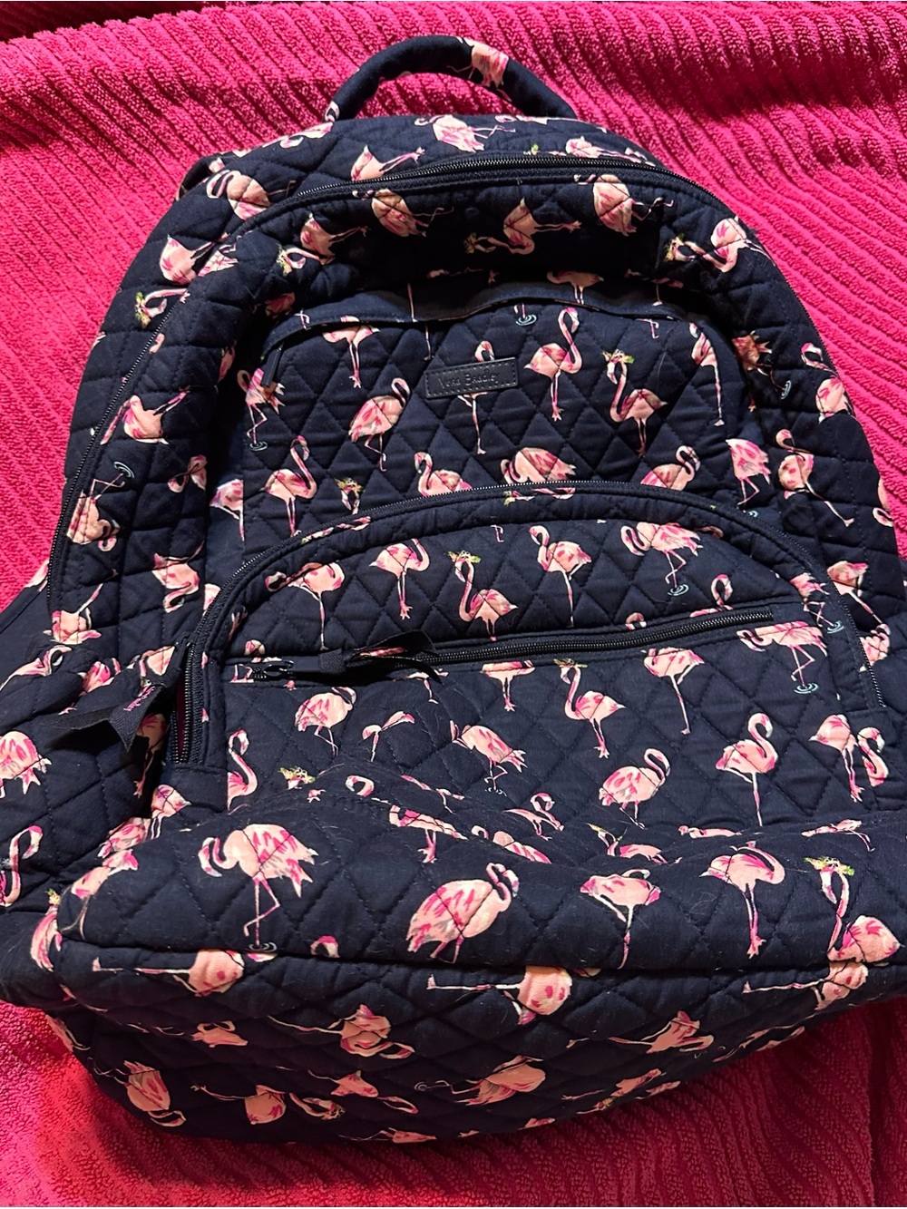 Vera Bradley Navy Quilted Backpack with Pink Flamingo Print